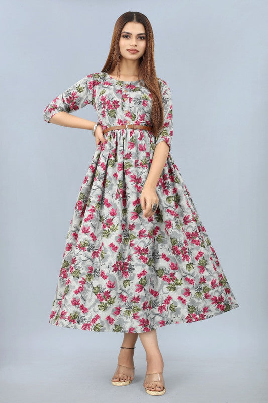 Rose Coloured Premium Crepe Printed Gown with Belt!!