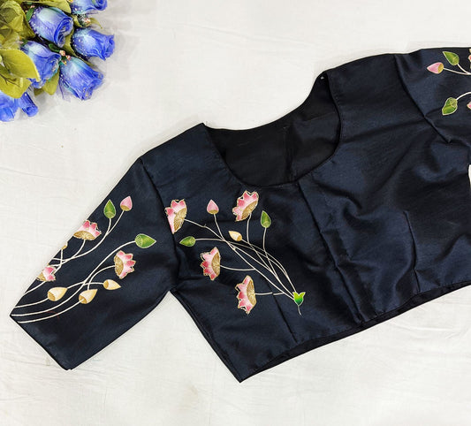 Black Ready made Blouse - Pure Silk Handmade work Blouse!!