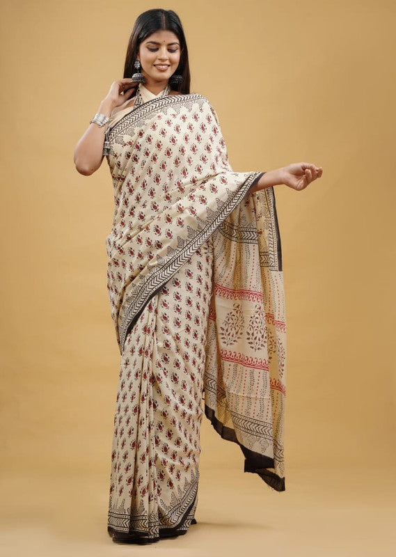 Beige & Black Coloured Beautiful Hand Block printed Women Daily/Party wear Pure Cotton Saree with Blouse!!