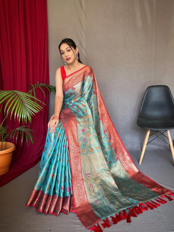 Aqua Blue & Multi Coloured Beautiful Meena Work with Elegant Jaal Women Party wear Pure Tissue Silk Saree with Blouse!!