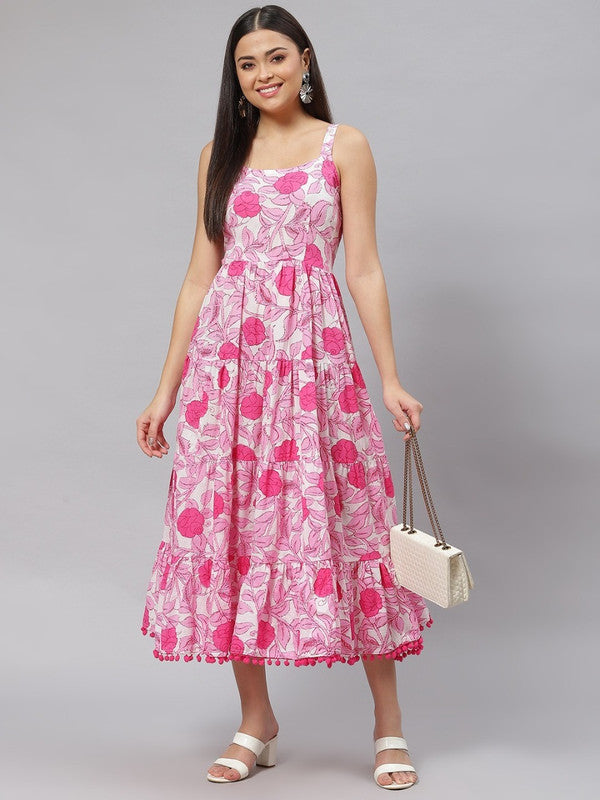 White and pink Pure Cotton Floral Print Midi Dress!!