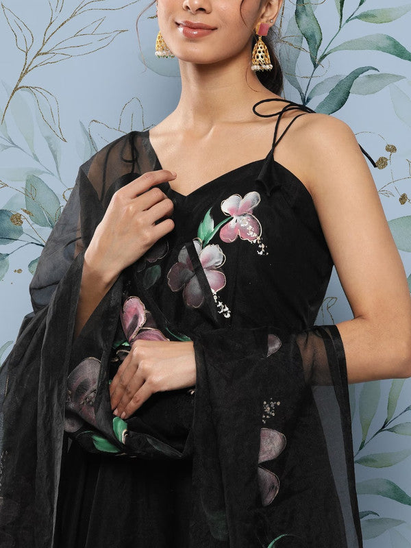 Black Organza Floral Printed Anarkali Kurta with Trousers & With Dupatta!!