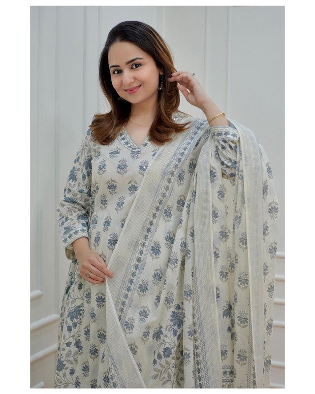 White & Grey Coloured Soft Rayon Floral Print with Finest Embroidery V Neck Full Sleeves Women Designer Party/Daily wear Afghani Suit set- Top with Bottom & Dupatta!!