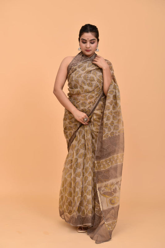 Beige & Multi Coloured Kota Doria Cotton with Ajrakh Hand block Print Women Designer Party wear Kota Doria Cotton Saree with Blouse!!