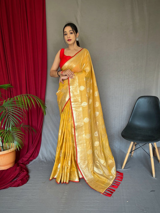 PURE COTTON LINEN SAREE WITH GOLD ZARI MOTTIFS WITH RICH PALLU!!