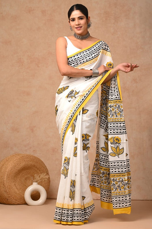 White & Yellow Coloured Hand Block Bagru, Dabu & Batik Dye Print Women Designer Party wear Pure Cotton Saree with Runnin Blouse!!