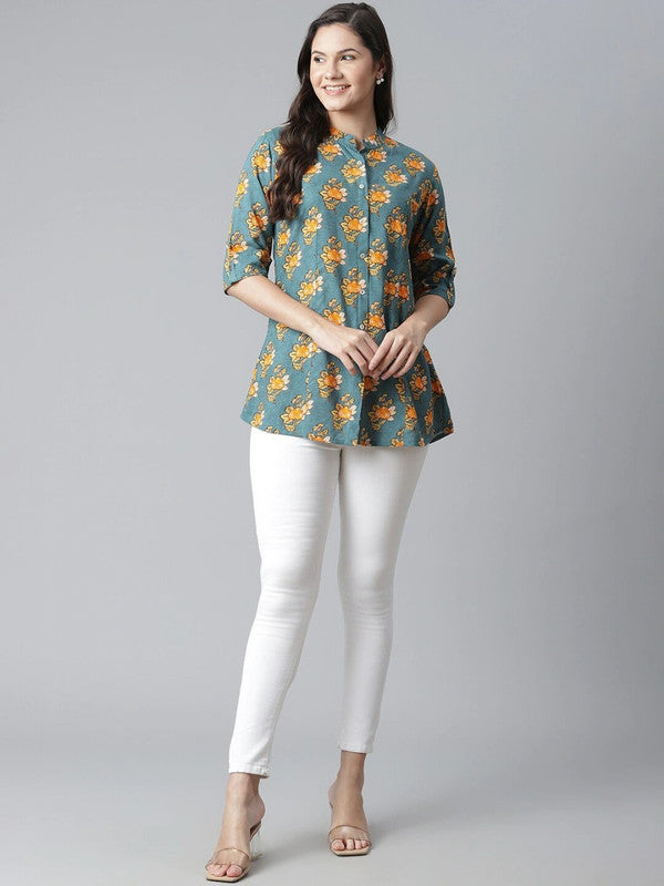 Sea green Floral print Mandarin collar shirt style top!!