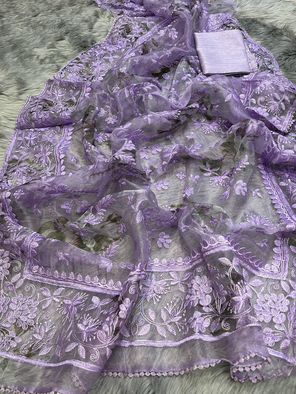 Purple & Multi Coloured with Lucknowi Thread Chikankari Work Women Designer Party wear Organza Silk Fancy Saree with Blouse!!