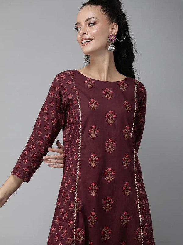 Mulbery Coloured Pure Cotton with floral printed Women Designer Party wear Straight Line Kurti with Trousers & Dupatta!!