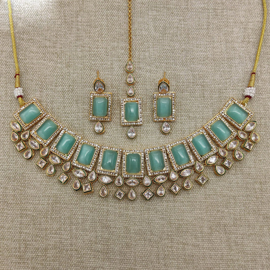 Exclusive Aqua Blue Gold Plating Kundan Jewellery Reverse AD Necklace set with Earrings & Matha Patti!!