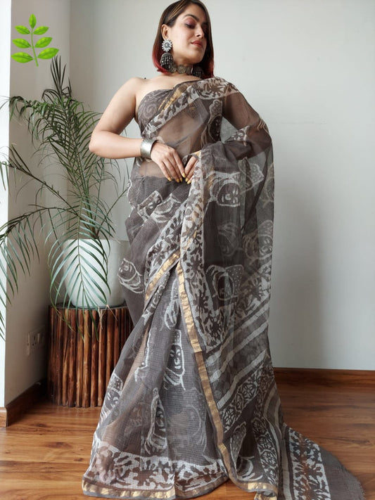 Brown & Multi Coloured Kota Doriya Cotton Beautiful Hand Block printed Women Daily/Party wear Saree with Blouse!!