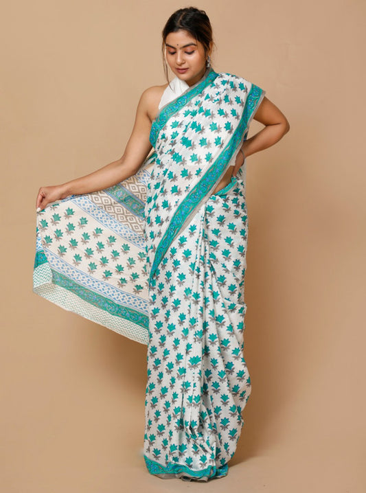 HAND BLOCK  PRINTED COTTON SAREE WITH BLOUSE!!