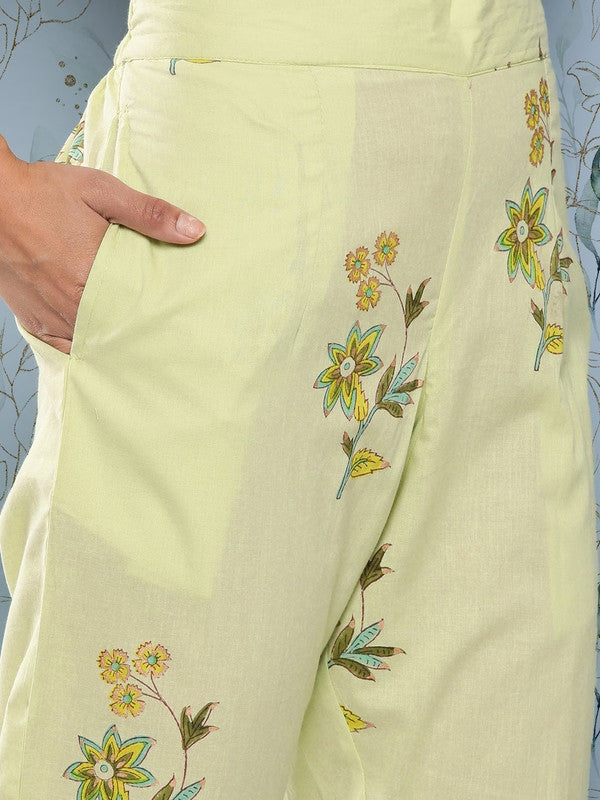 Pista Green Cotton Floral Printed Gotta Patti Straight shape Kurti with Trousers & Dupatta!!