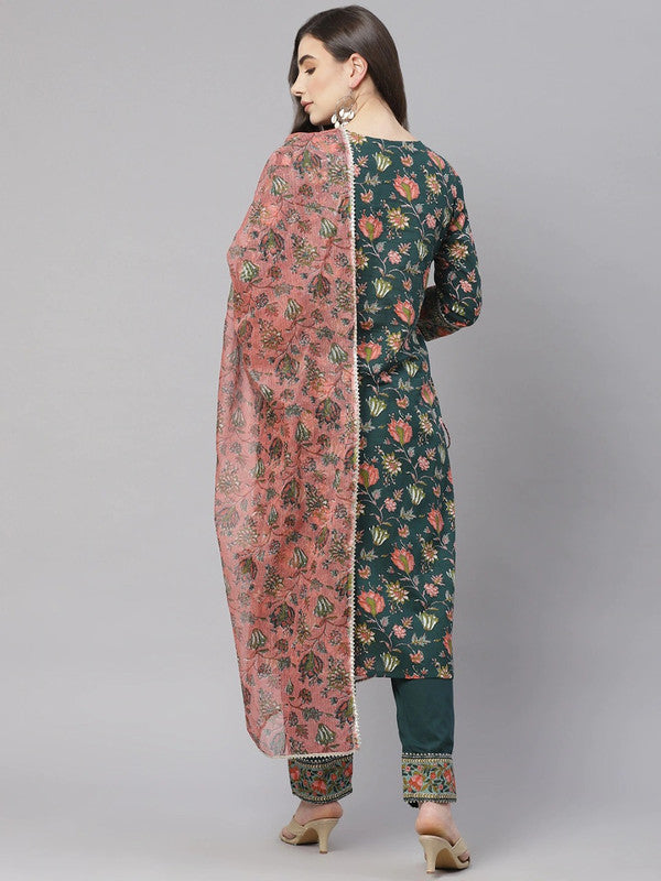 Floral printed, Straight shape Designer Cotton kurta with Bottom and Dupatta