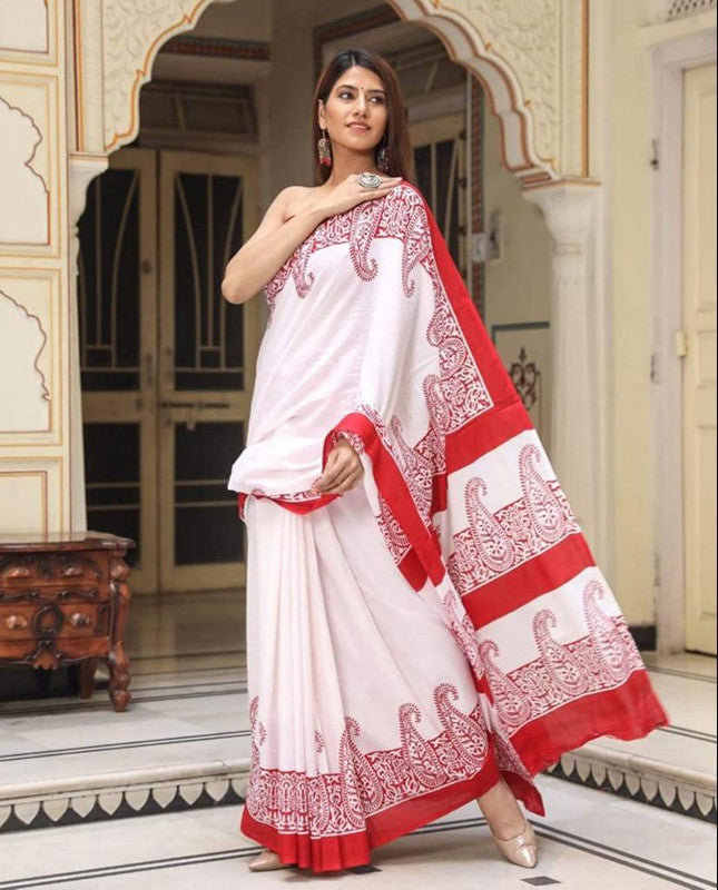 White & Red Coloured Beautiful Hand Block printed Women Daily/Party wear Pure Mul Cotton Saree with Blouse!!