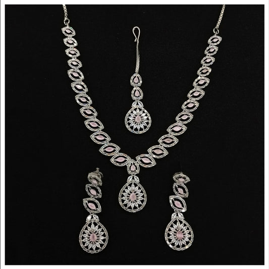 Light Pink Coloured Beautiful American Diamonds Women Designer Silver Plating Beautiful Long Jewelry Necklace set with Earrings & Matha Patti!!