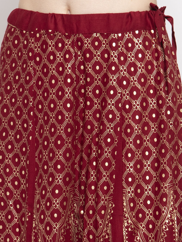 Gold Print Maroon coloured Rayon Skirt Free Size( 28 to 40 Inch)!!