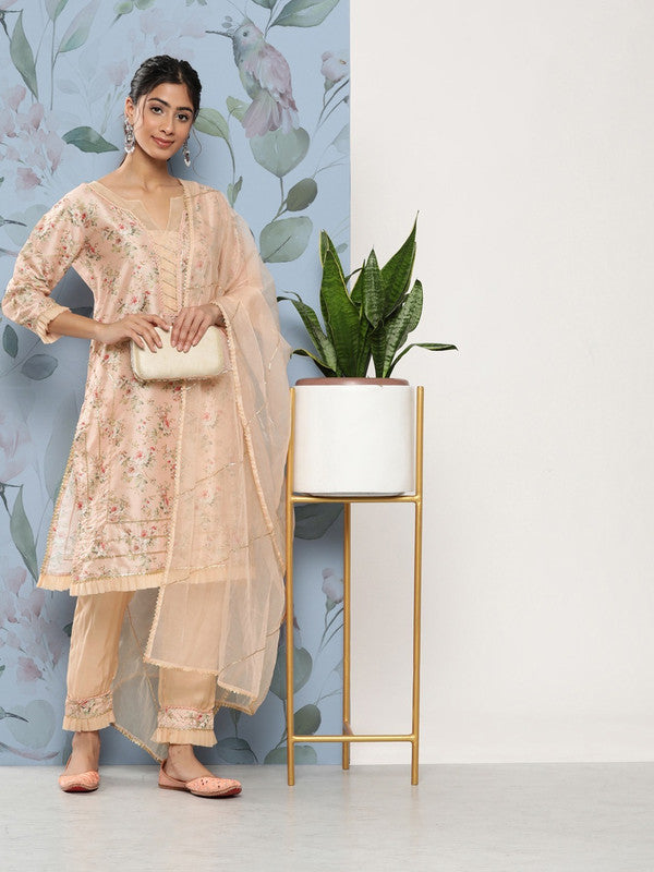 Peach Poly chanderi Floral printed Straight shape Kurti with Trousers & Dupatta!!