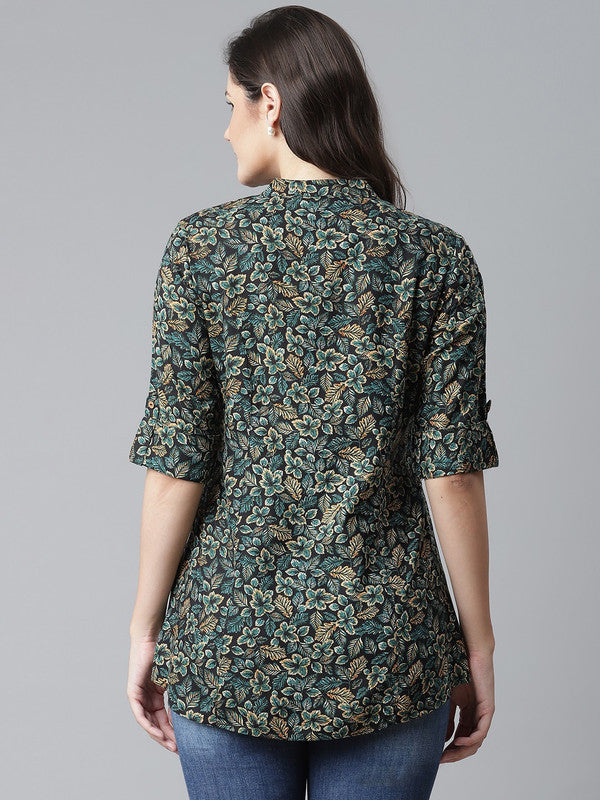 Navy Blue & Green Coloured Premium Viscose Rayon Floral Print Mandarin Collar Roll-Up Sleeves Women Party/Daily wear Western Shirt Style Top!!