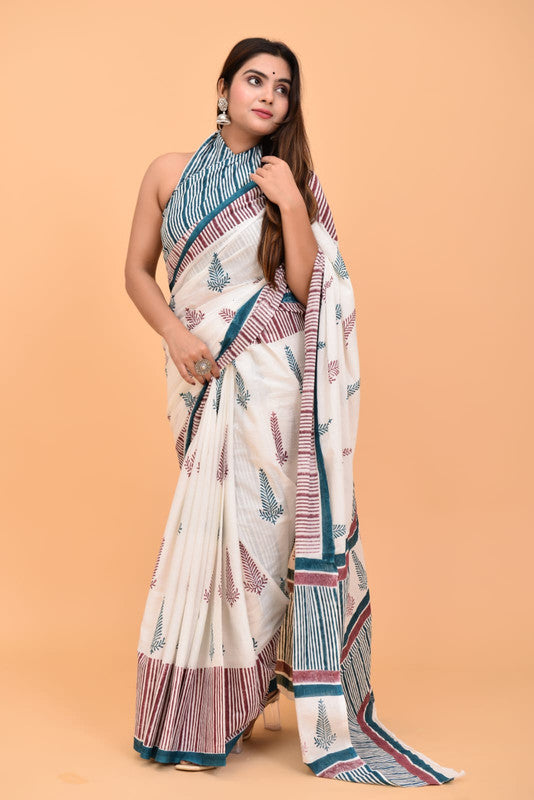 White with Pink & Green Coloured Pure Cotton with Beautiful Hand Block Printed Women Party/Daily wear Designer Cotton Saree with Blouse!!