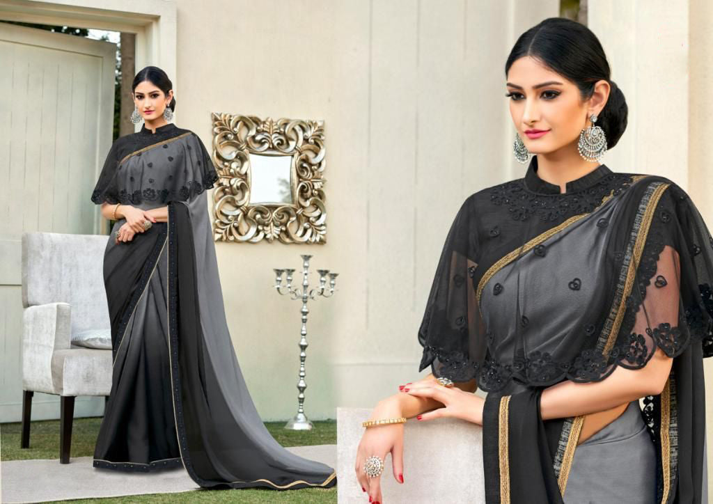 Black Cadbury Chiffon Designer Saree with Double Blouse( 1. Plain Silk Blouse 2. Poncho Blouse)!!