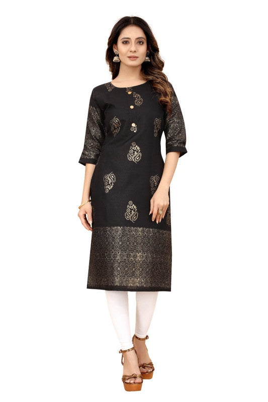 Black Coloured Cotton Gold Foil Printed 3/4 Sleeves Stright Fit Kurti!!