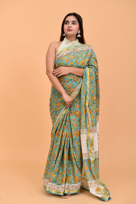 Light Green & Multi Coloured Pure Cotton with Beautiful Jari Border Printed Women Party/Daily wear Designer Cotton Saree with Blouse!!