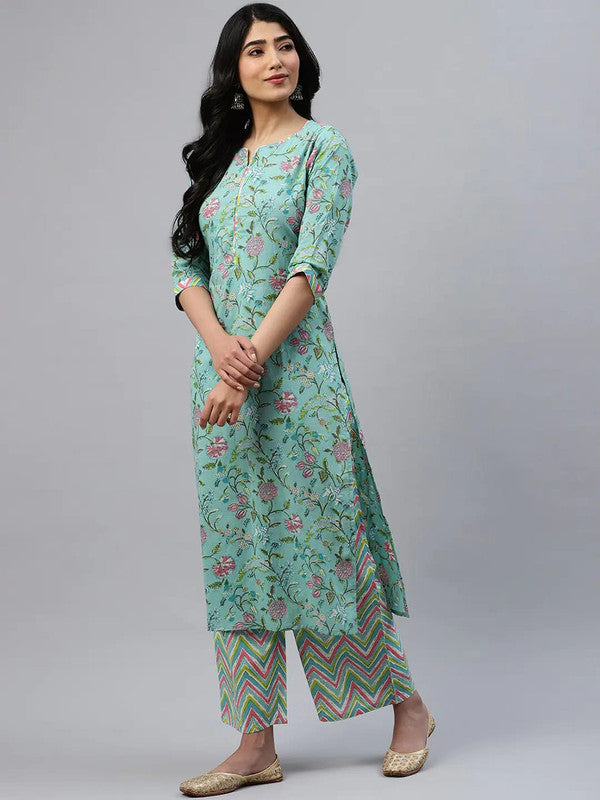 Green Coloured Pure Cotton with floral printed Women Designer Party wear Straight Line Kurti with palazzo pants & Dupatta!!