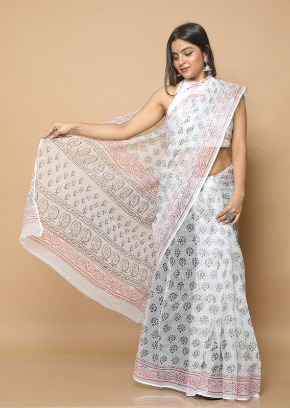 White & Black Coloured Kota Doria Hand Block Printed Cotton Saree with Blouse!!