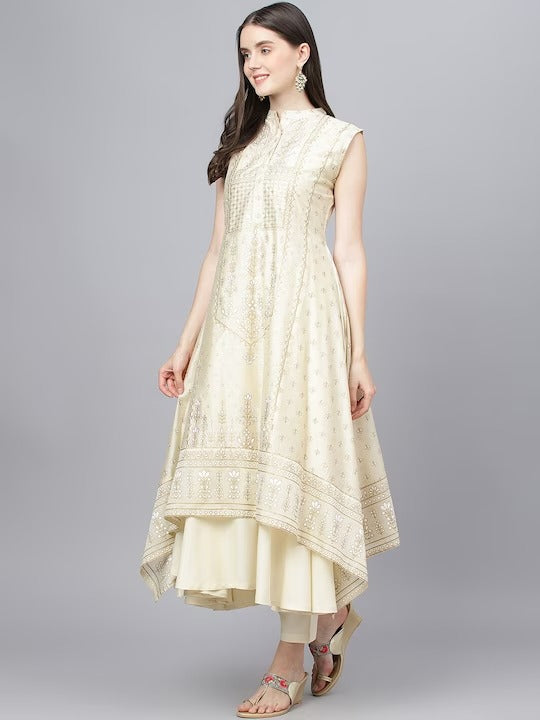 Cream Coloured Chanderi silk Ethnic Motif Printed Anarkali Shape Women Designer Party/Daily wear Kurti with Trousers & Dupatta!!