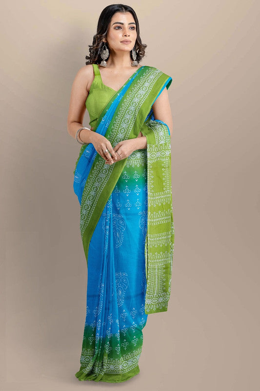 Sky Blue & Green Coloured Premium Mul Mul Cotton Beautiful Hand Block printed Women Daily/Party wear Saree with Blouse!!