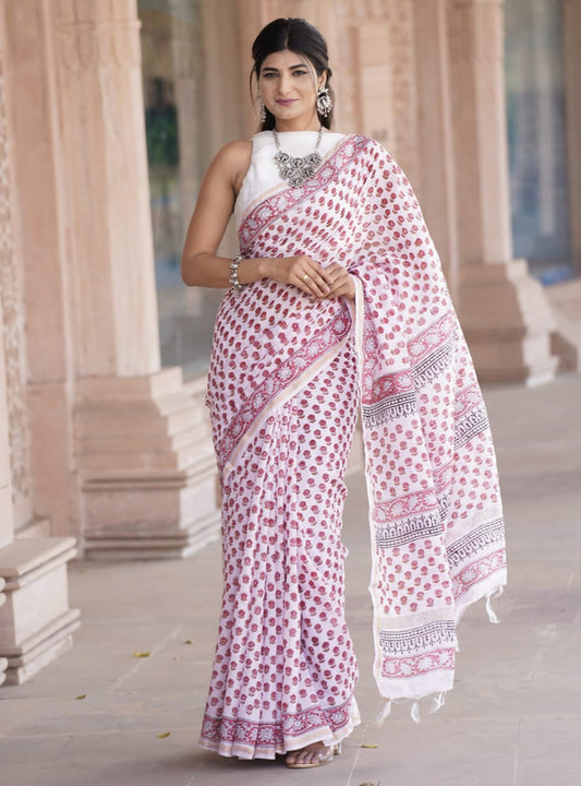 CHANDERI BLOCK PRINTED COTTON SAREE