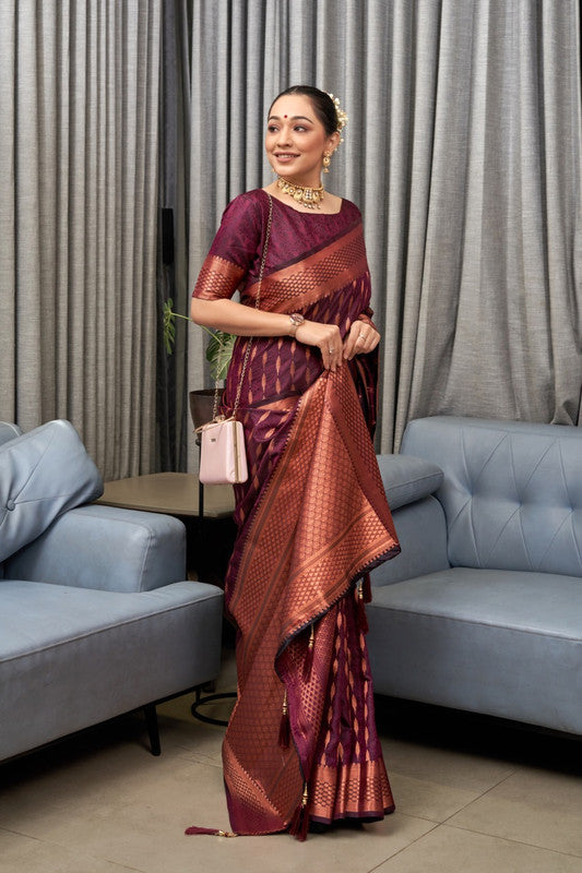 Maroon & Brick Red Coloured Soft Silk Jacquard Weaving Design Rich pallu with Elegant Copper Zari Women Designer Party wear Saree with Blouse!!