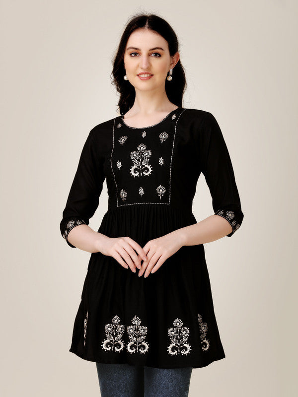 Black Coloured Premium Rayon with Embroidery & Sequence Work Round Neck 3/4 Sleeves work Women Party/Daily wear Western Top!!