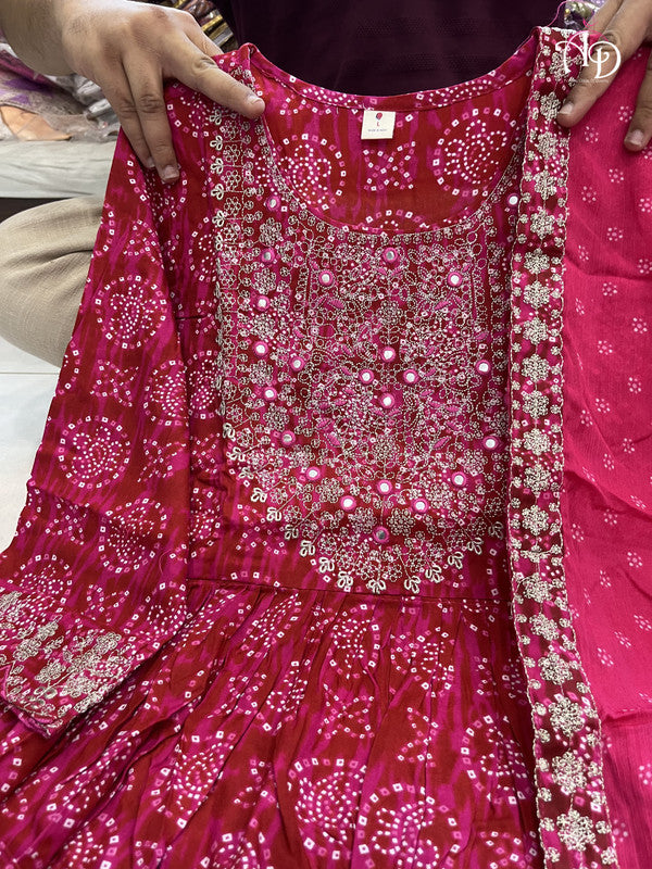 Pink Coloured Rayon with Embroidery Mirror Work Women Designer Party Anarkali Gown Kurti with Sharara & Dupatta!!