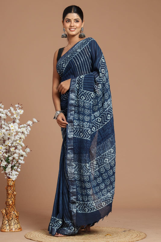 Blue & Multi Coloured Linen Cotton Beautiful Hand Block printed Women Daily/Party wear Saree with Blouse!!