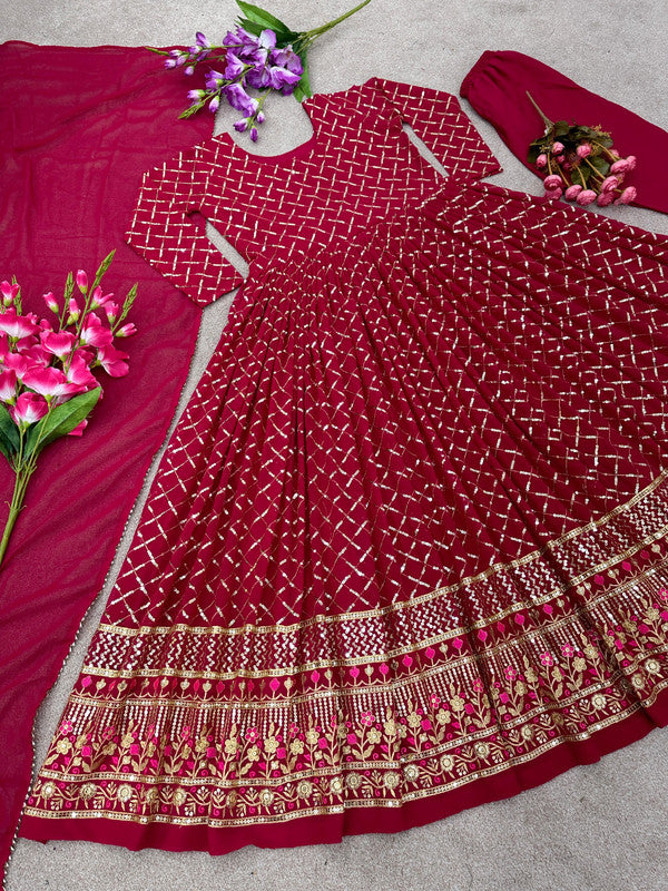 Maroon Coloured Faux Georgette with Embroidery Sequence Work Women Designer Party wear Anarkali Gown kurti with Bottom & Dupatta!!