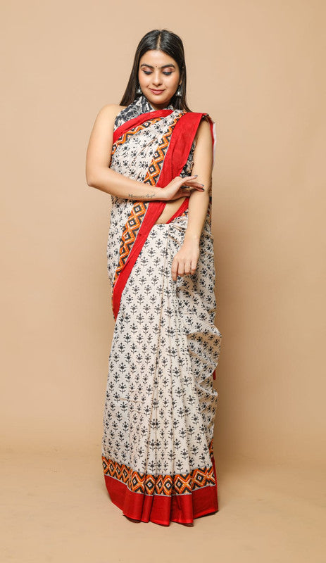 HAND PRINTED MUL COTTON SAREE