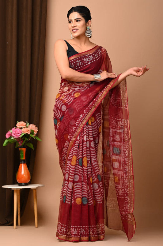 Maroon & Multi Coloured Beautiful Hand Block printed Women Daily/Party wear Kota Doriya Cotton Saree with Blouse!!