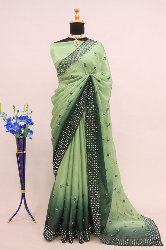 Pista Green & Bottle Green Coloured Shimmer Padding & Embroidery with original mirror work Women Designer Party wear Fancy Saree with Blouse!!