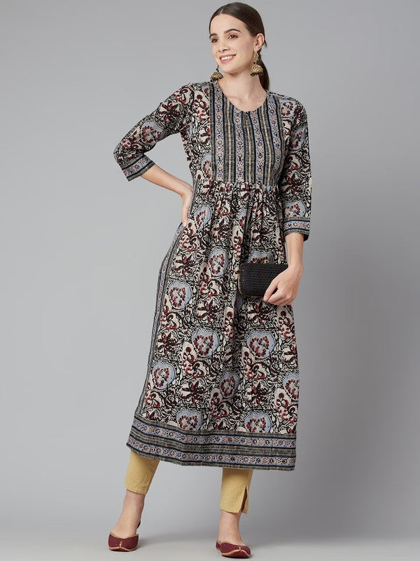 Grey & Multi Coloured Floral Printed Round neck Three-quarter Sleeves Women Designer Party/Daily wear Cotton Straight shape Kurti!!