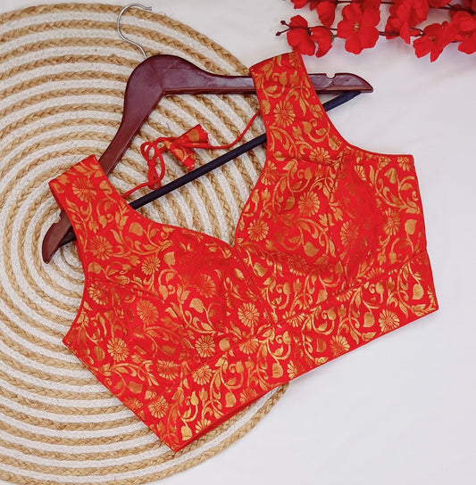 Orange Coloured Banarasi Silk Woman Designer Beautiful Short Sleeves Ready made Blouse - 38 Size Fits Up to 40 Inch!!