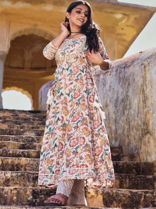 Cream Coloured Pure Cotton Ethnic motifs printed Round neck Women Designer Party wear Anarkali Kurta with Trousers!!