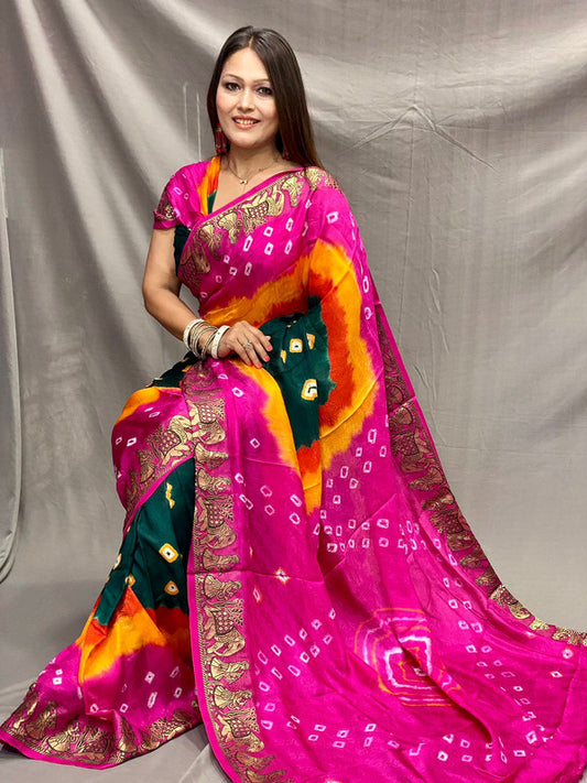 Pink & Multi Coloured with Zari Weaving & Bandhani Print Women Designer Party wear Art Silk Saree with Blouse!!