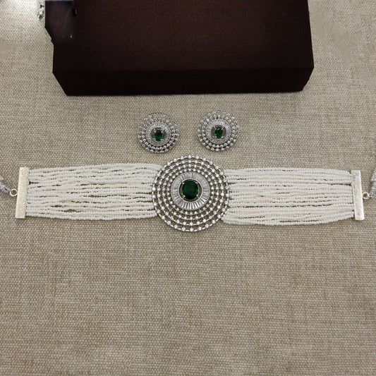 Beautiful Green & White Pearls and Kundan AD Jewellery Necklace set with Earrings!!