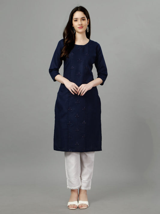 Blue Coloured Pure Cotton with Embroidery work Round Neck 3/4 Sleeves Women Designer Party/Daily wear Kurti!!