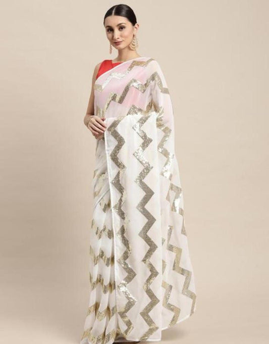 GEORGETTE SAREE WITH 8 LINES OF ZIGZAG DESIGN SEQUENCE WORK!!