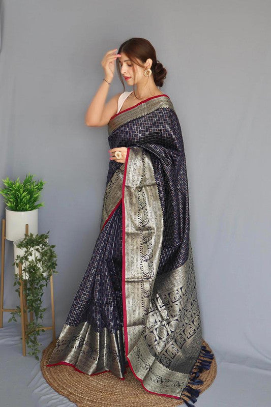 Navy Blue & Red Coloured Beautiful Shiny Checks with Rich Pallu and attractive Border Women Party wear Soft Silk Saree with Blouse!!