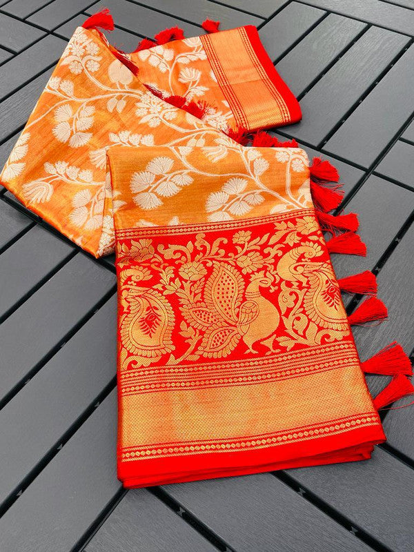 Orange & Red Coloured Banarasi Handloom Pattu Heavy Multi Zari Women Party wear Designer Tissue Silk Saree with Blouse!!