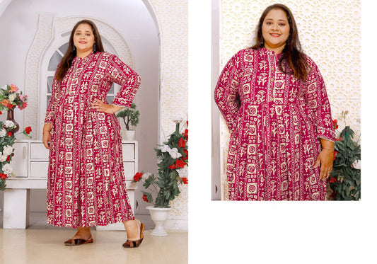 Red & Off White Coloured Premium Rayon Printed 3/4 Sleeves Round Neck Women Designer Party/Daily wear Long Gown Kurti!!